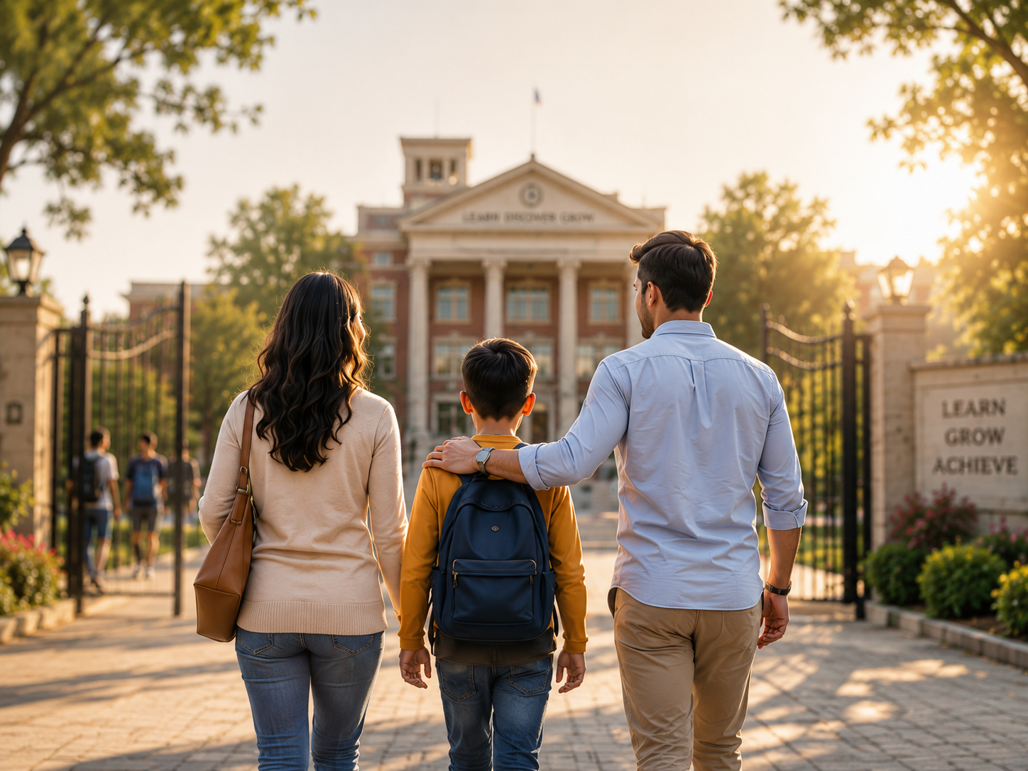 Parents and student walking towards university campus