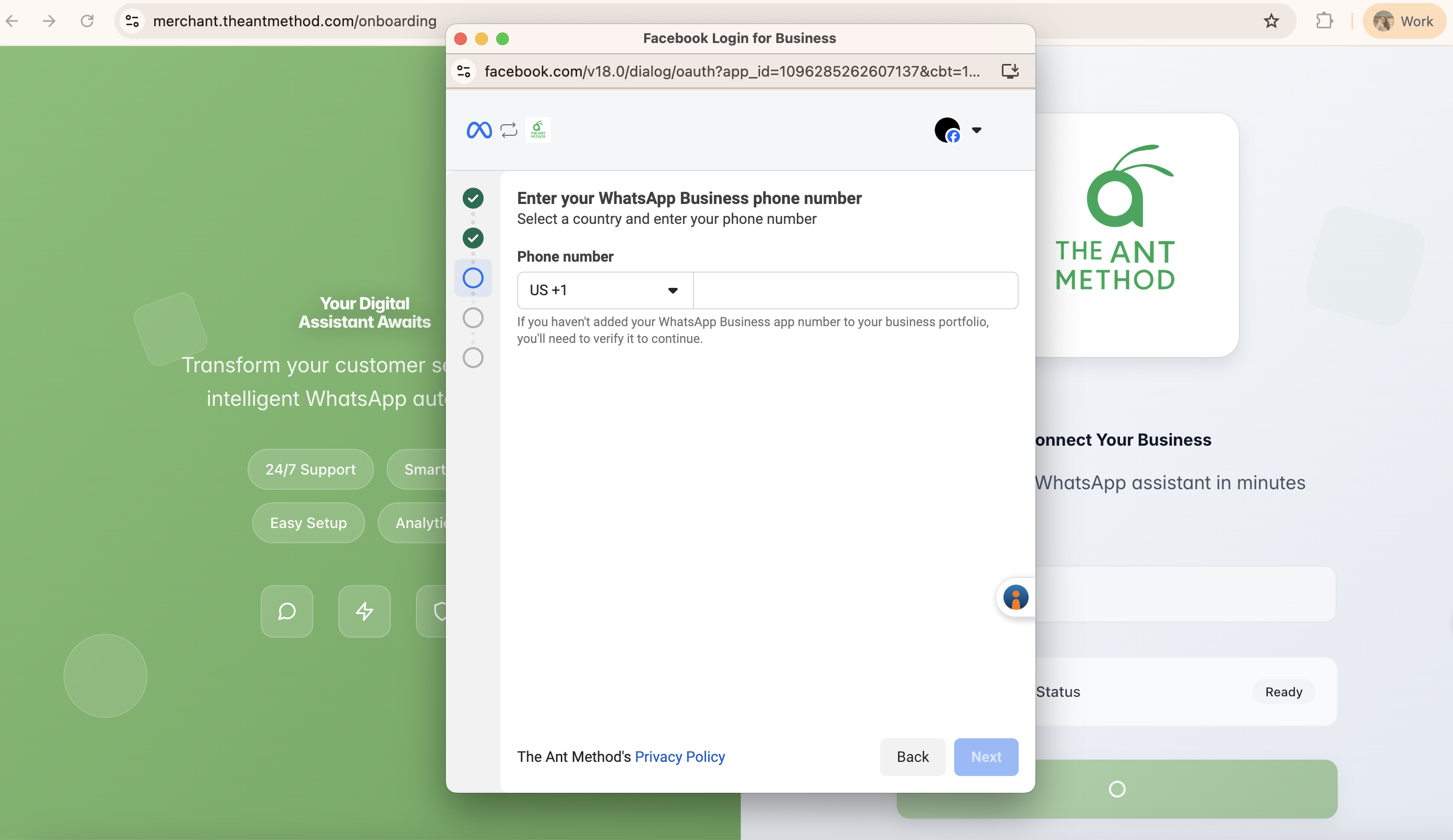 Enter your WhatsApp Business phone number screen with country code dropdown set to India +91 and phone number input field