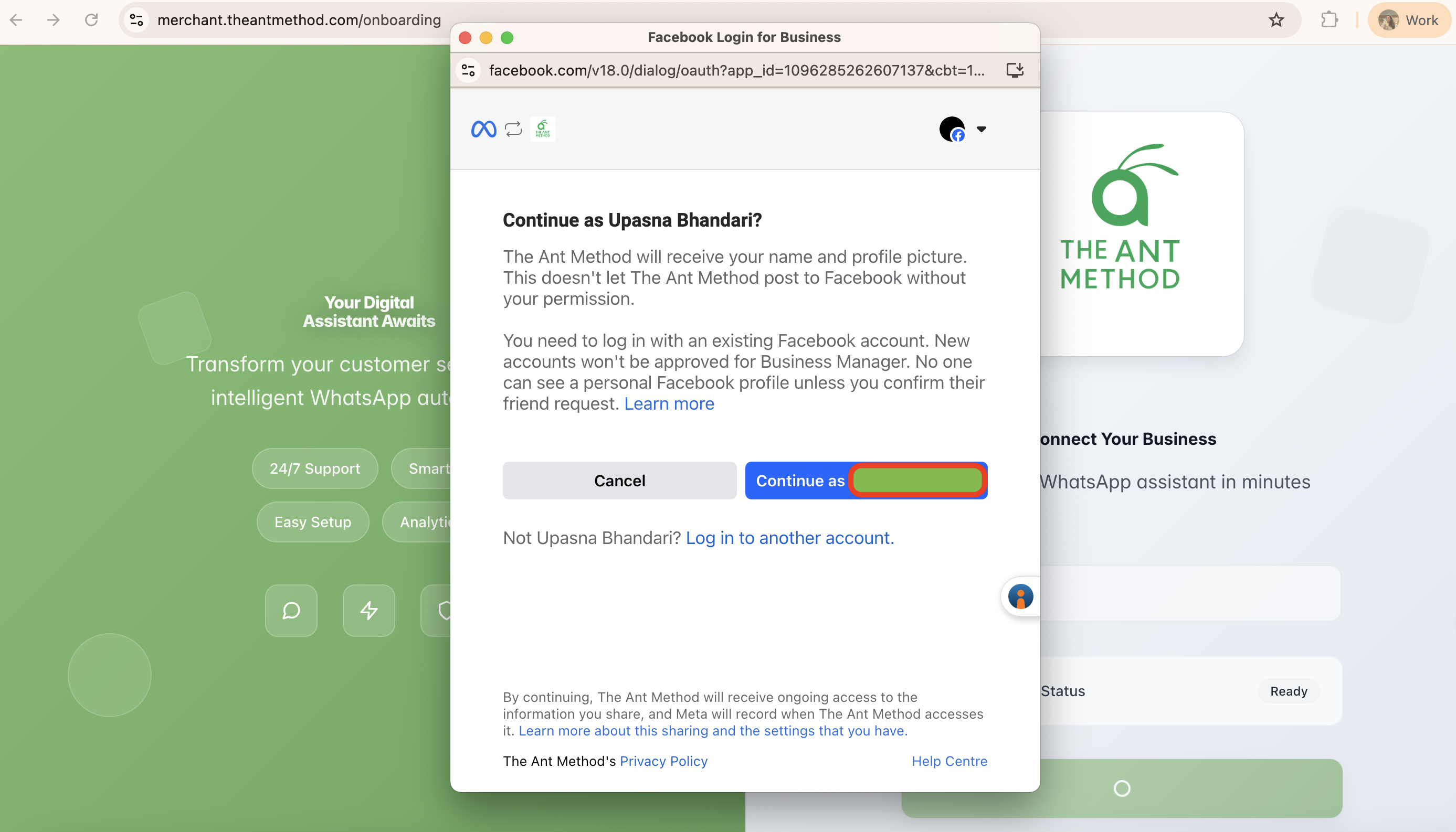Facebook Login for Business dialog showing Continue as your name button with authorization details