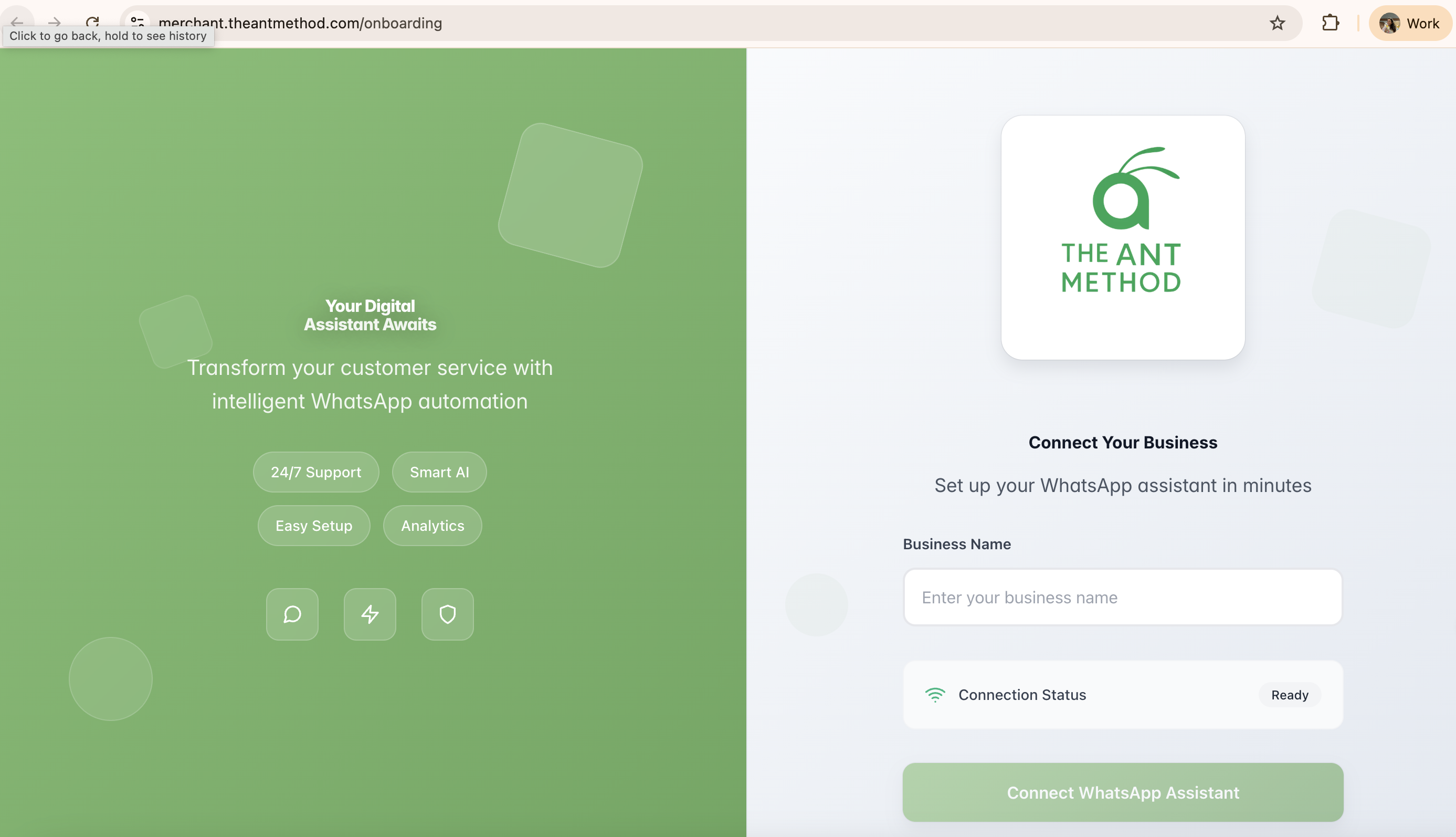 Ant Method onboarding page showing Connect Your Business screen with business name field and Connect WhatsApp Assistant button