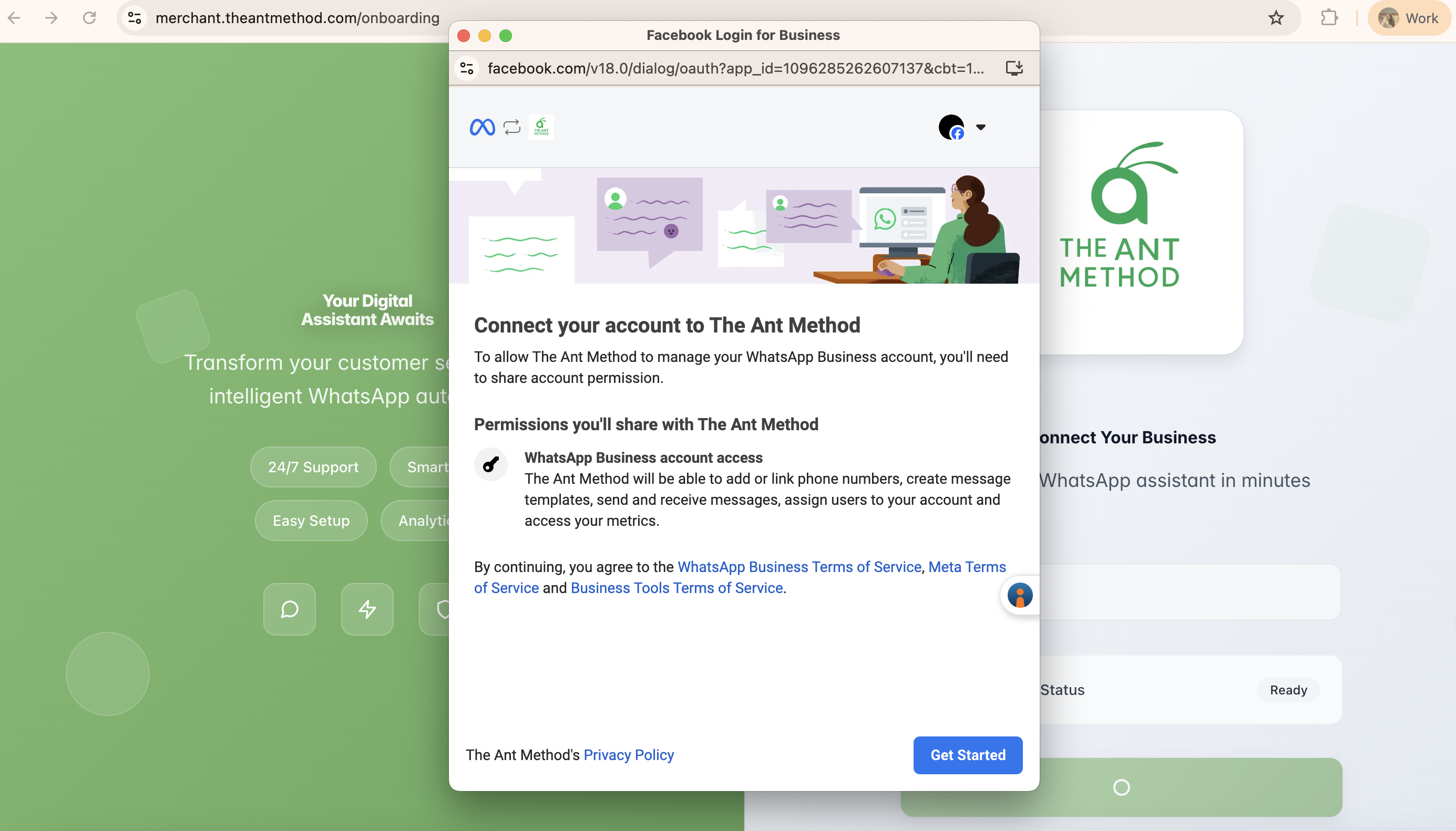 Connect your account to The Ant Method screen showing WhatsApp Business account access permissions and Get Started button