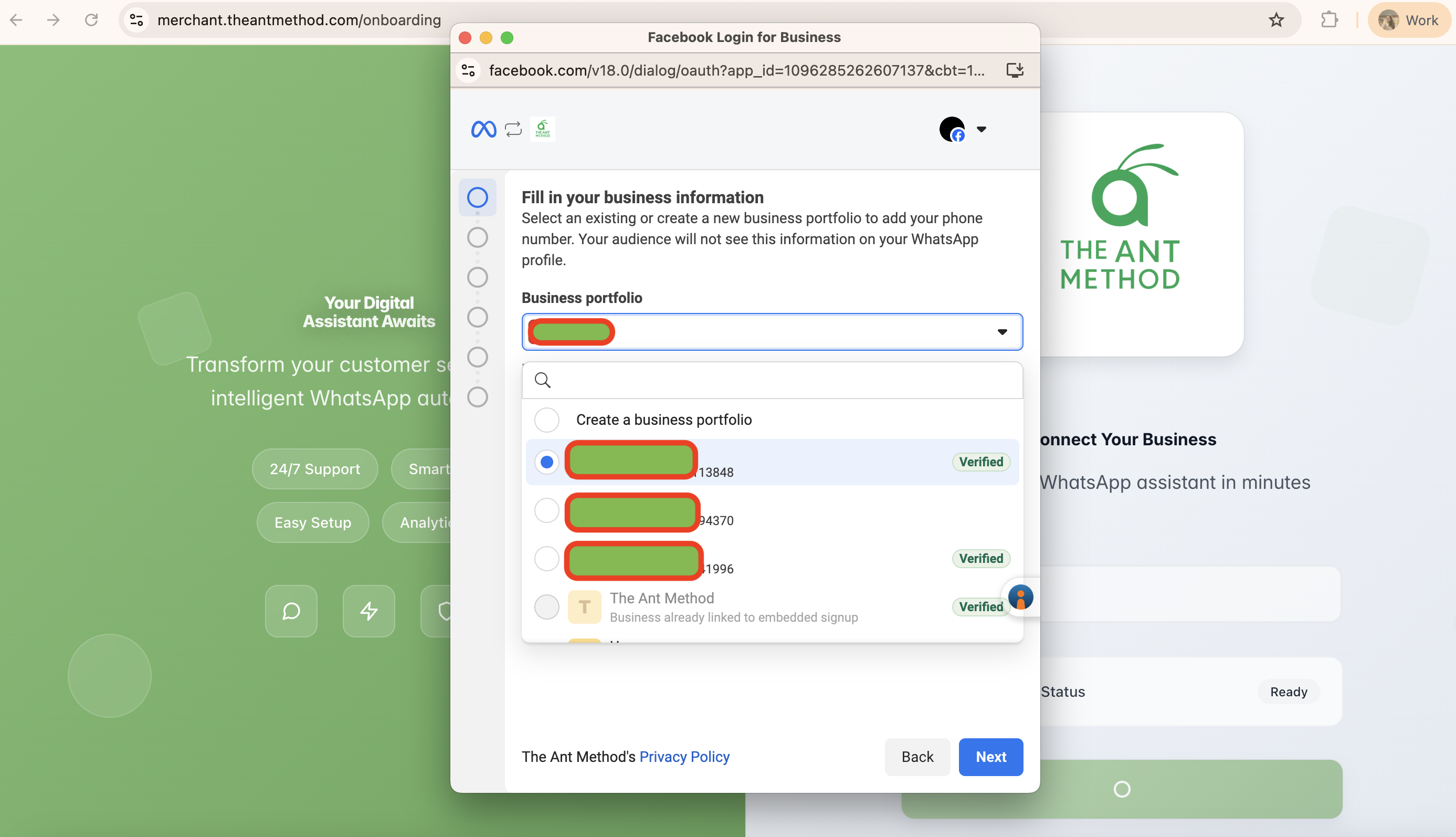 Fill in your business information screen showing Business portfolio dropdown with list of verified businesses