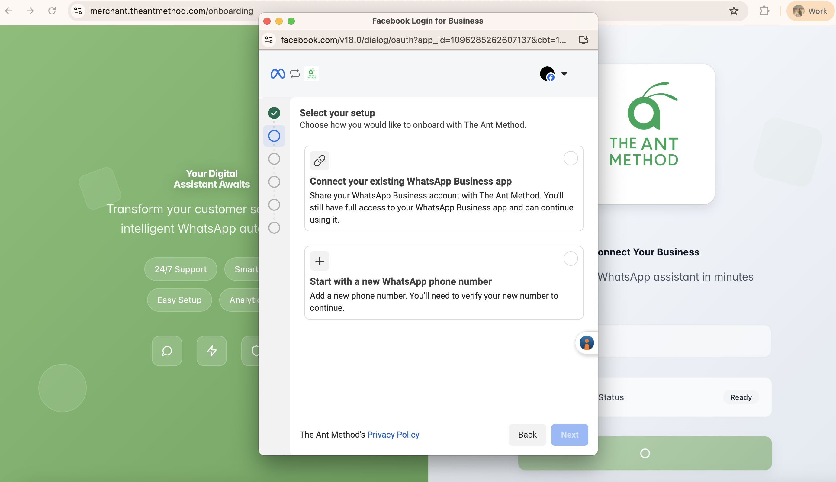 Select your setup screen with two options: Connect your existing WhatsApp Business app (recommended) and Start with a new WhatsApp phone number