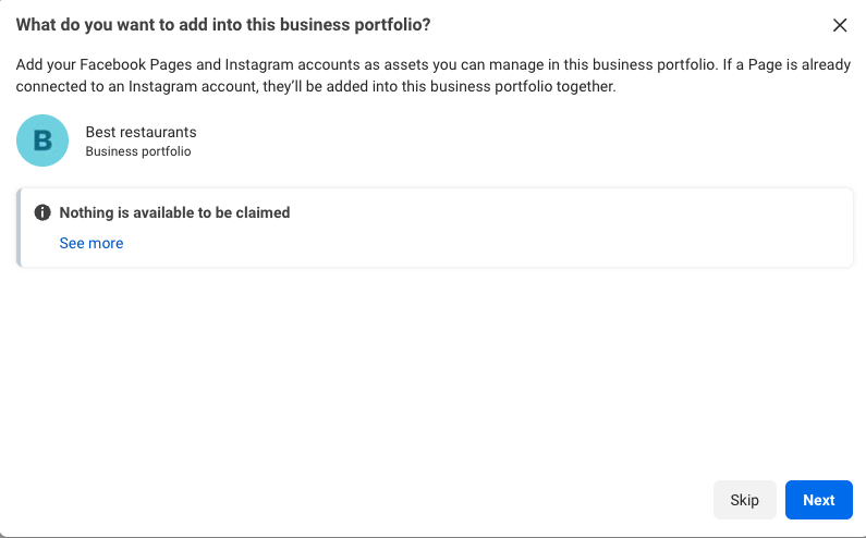 What do you want to add into this business portfolio dialog with Skip and Next buttons