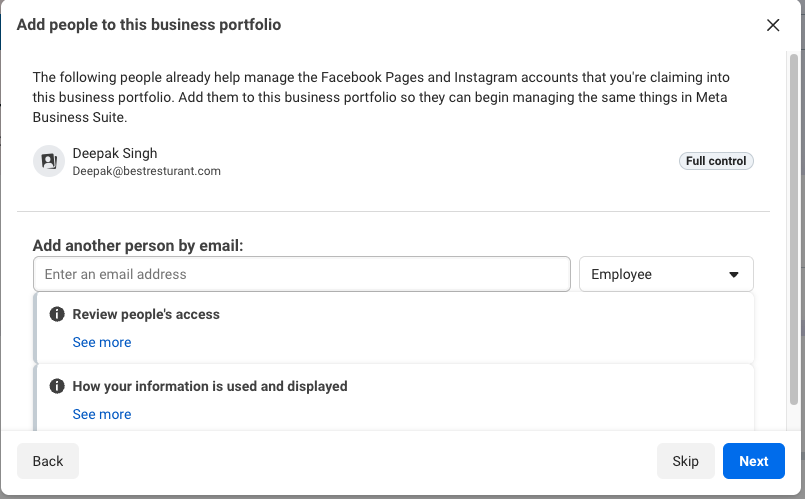 Add people to this business portfolio screen showing the creator with Full control access