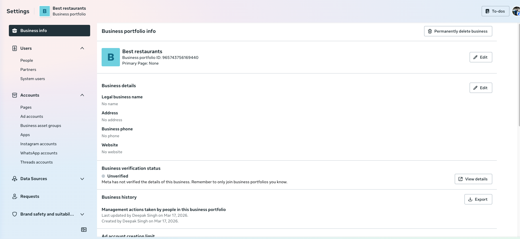 Meta Business Settings showing Business portfolio info page with Business details section including legal business name, address, phone, website, and verification status