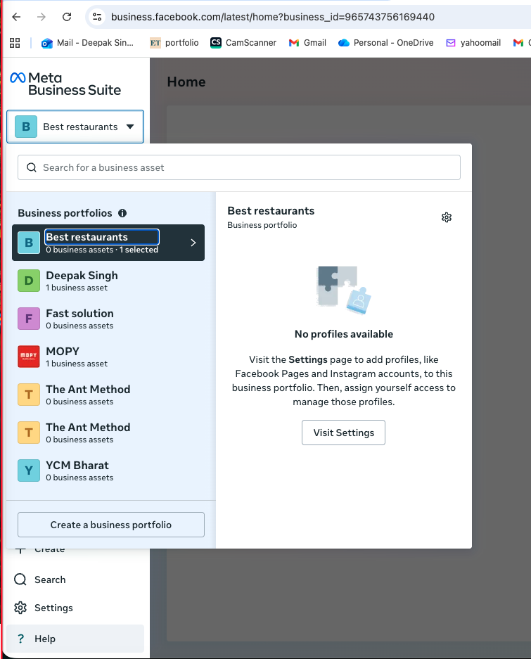 Meta Business Suite home page showing the newly created business portfolio in the sidebar