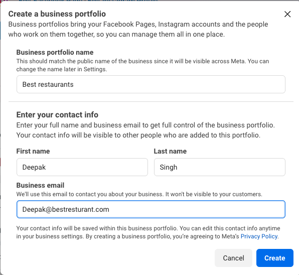 Create a business portfolio dialog showing business portfolio name, first name, last name, and business email fields filled in