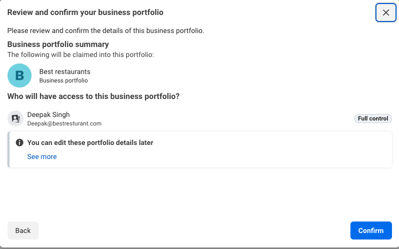 Review and confirm your business portfolio summary screen with Confirm button