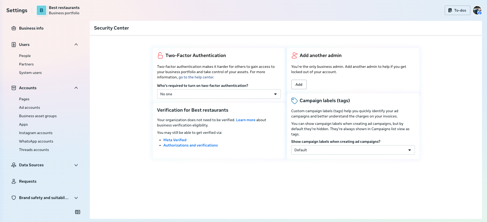 Meta Business Settings Security Center page showing Two-Factor Authentication settings and Verification section with Meta Verified and Authorizations and verifications links