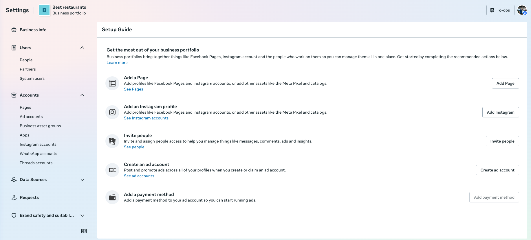 Meta Business Settings Setup Guide page showing recommended actions including Add a Page, Add an Instagram profile, Invite people, Create an ad account, and Add a payment method