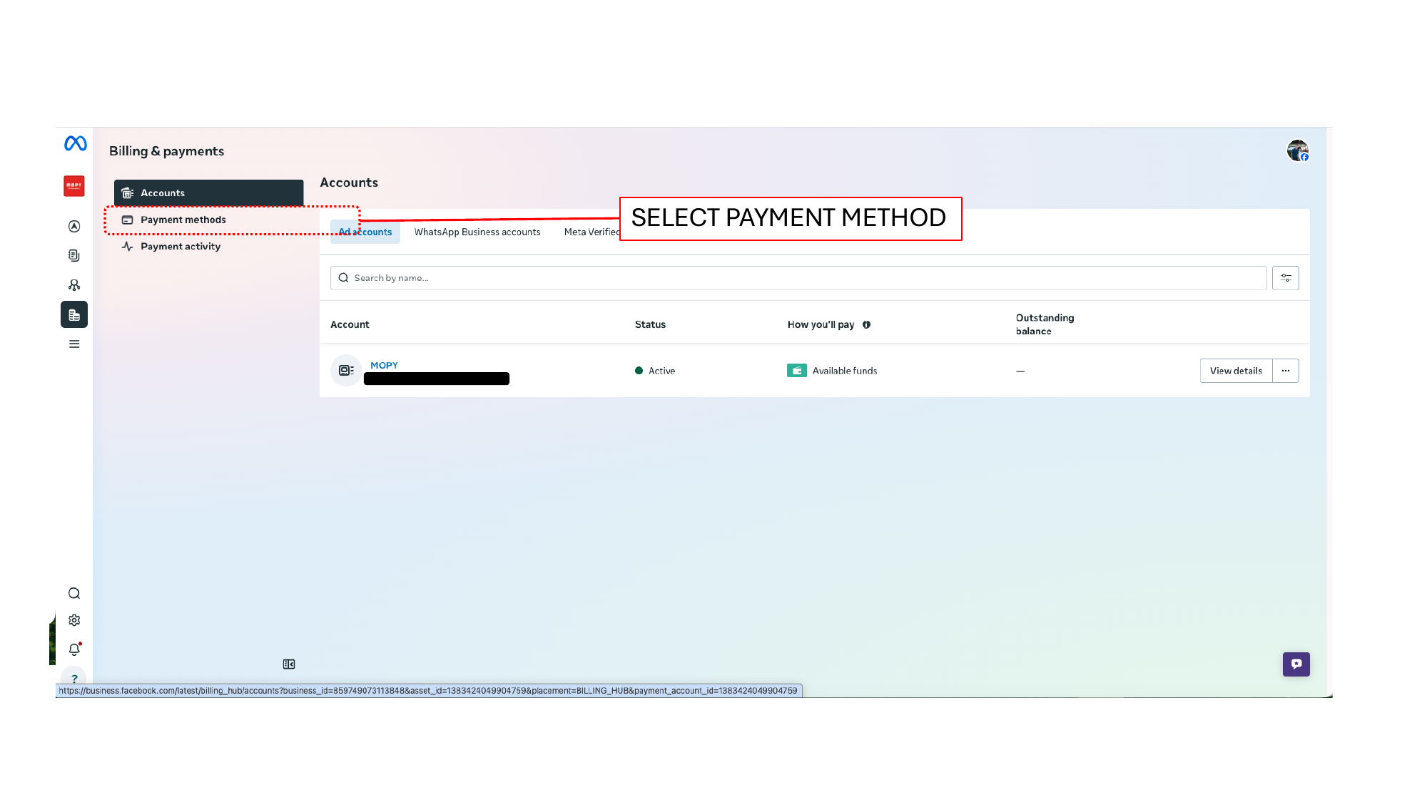 Billing and payments page showing Accounts tab with WhatsApp Business accounts option