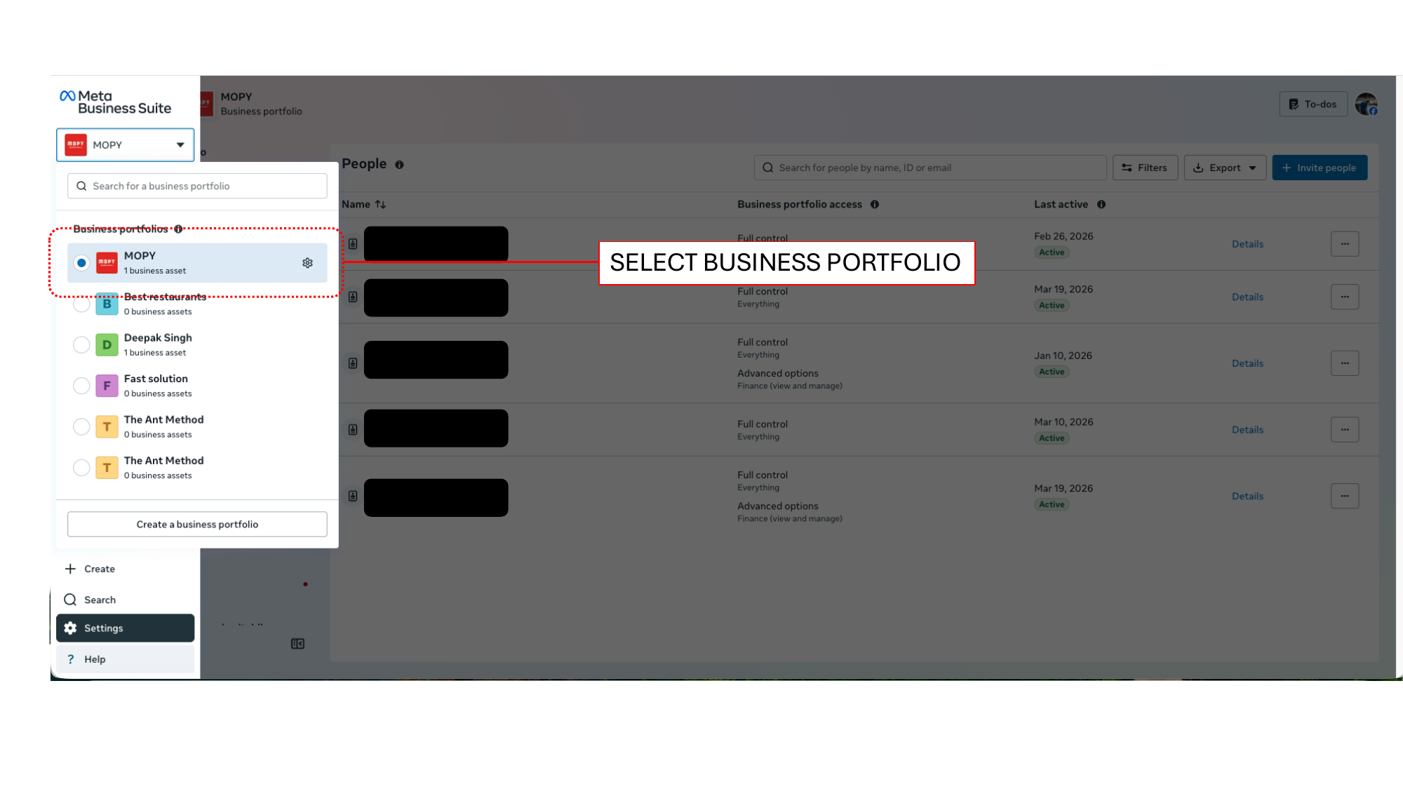 Meta Business Suite showing business portfolio selection dropdown with list of portfolios