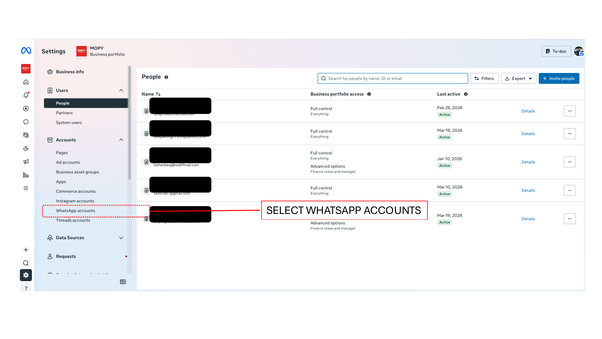 Meta Business Settings sidebar showing WhatsApp accounts option under Accounts section